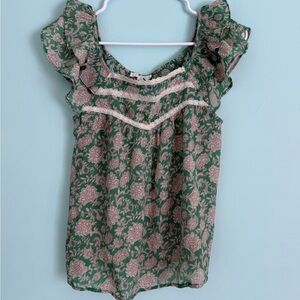 Floral Green Ruffle Top